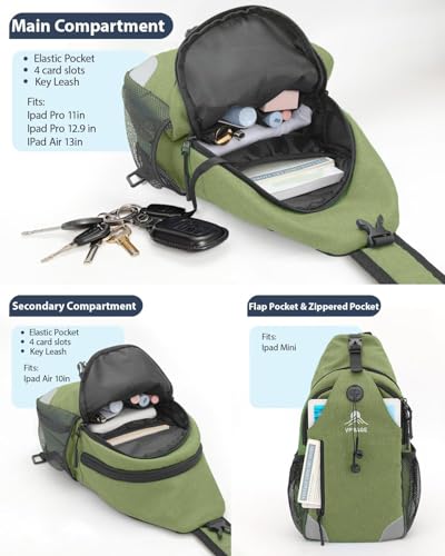 Sling Backpack for Women & Men, Crossbody Travel Bag with Water Bottle Holders, 17 Pockets, Quick-Access Phone Pocket, Hidden Security Pocket, Fits 11" Tablet, for Daily Carry, Travel, Theme Parks - color: C-olive