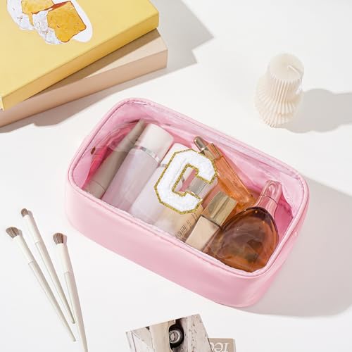 Personalized Initial Clear Makeup Bag Cosmetic Bags Travel Toiletry Bag Essentials Emergency Pouch Gifts for Girls Girlfriend Kids Birthday Graduation Teacher (Pink C) - style: C