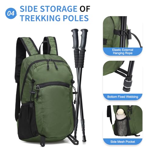 Hiking Daypack Packable, Camping Backpack Water Resistant Lightweight Polyester for Men Women Travel Outdoor - color: Dark Green