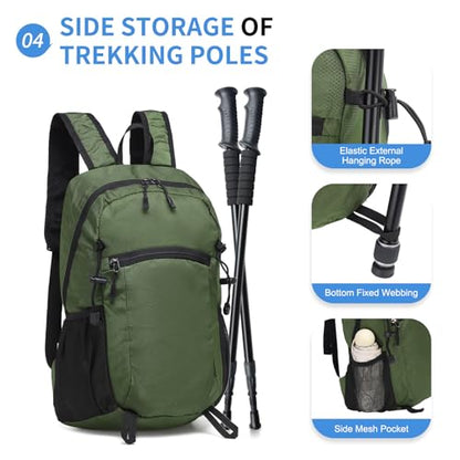 Hiking Daypack Packable, Camping Backpack Water Resistant Lightweight Polyester for Men Women Travel Outdoor - color: Dark Green