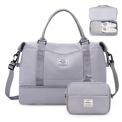 Weekender Bags for Women,Personal Item Travel Bag with Shoes Compartment,Overnight Travel Duffel Bag with Toiletry Bag - color: Grey, size: Large