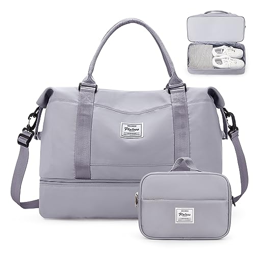 Weekender Bags for Women,Personal Item Travel Bag with Shoes Compartment,Overnight Travel Duffel Bag with Toiletry Bag - color: Grey, size: Large