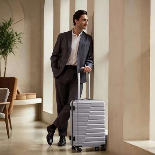 Coolife Medium Checked Luggage with Spinner Wheels, Hardside Suitcase TSA Lock Lightweight Travel Luggage 24-inch,Silver - color: sliver, size: Medium(24in)