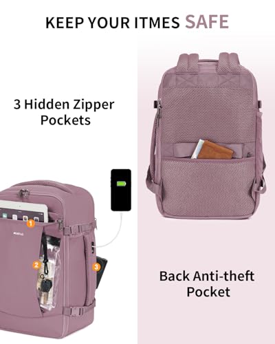 ECOHUB Travel Backpack for Women, Carry on Backpack with USB Charging Hole, Spirit Airlines Personal Item Bag Flight Approved, 15.6 Inch Laptop Backpack with Anti Theft Pockets, 30L, Pink - color: Pink-2, size: 18 inch underseat