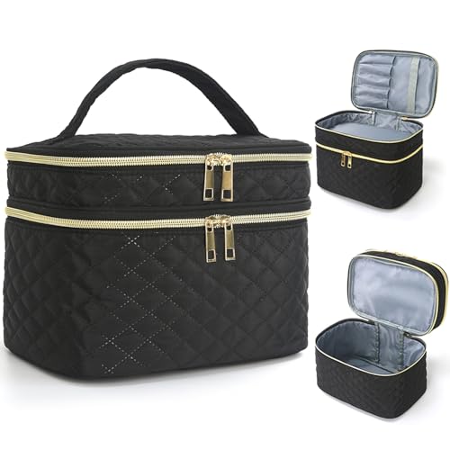 Travel Makeup Bag for Women Double Layer Large Cosmetic Case Water-resistant Toiletry Bag Organizer for Store Toiletries Cosmetic Accessories and Manicure Sets Black - color: A-Black