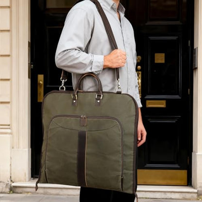 Polare Waxed Canvas Full Grain Leather Trim Garment Carry On Bag for Travel, Foldable Hanging Suitcase Weekender Dust-Proof Garment Waterproof Cover with YKK Zipper and Adjustable Strap (Army Green) - color: Army Green