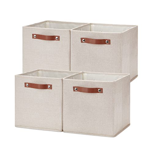 Temary 11x11 Storage Cubes Fabric Storage Cubes Storage Bins with Dual Leather Handles Canvas Storage Boxes for Organizing Home, Shelf, Closet (Beige, 11 x 11 x 11) - color: Beige, size: 11×11×11