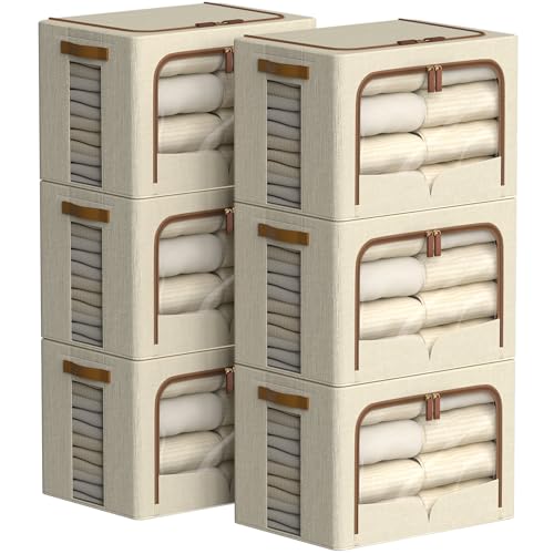 FHSQX 6 Pack Clothes Storage Bins - Foldable Storage Bins for Clothes Fabric Storage Box with Metal Frame (Beige, 16.5x12.2x12.2 inch) - color: Beige, size: 16.5x12.2x12.2 inch