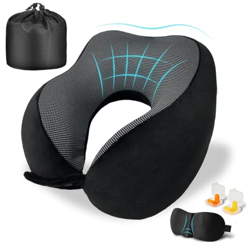 Memory Foam Travel Neck Pillow for Airplane – 360° Ergonomic Neck Support Pillow with Adjustable Fit, Breathable Washable Cover, Travel Pillow Set with Eye Mask, Earplugs & Storage Bag