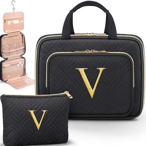 Gifts for Women, Initial Toiletry Makeup Bag Hanging Cosmetic Organizer with Embroidery Letter Personalized Nurse Teacher Appreciation Birthday Mothers Day Gifts for Mom Sister Wife Friends Auntie Her - style: V