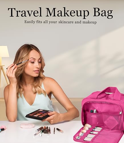 Travel Toiletry Bag for Women, Large Wide-open Puffy Cosmetic Makeup Bag with Wet-Dry Separation, Multi-Pocket Organizer with Carry Handle for Toiletries, Cosmetics, Essentials, Rose Red - color: Rose Red