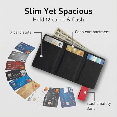 LIGHT FOLD Ultra Slim Tri-Fold Wallet with RFID Blocking, Lightweight Minimalist Men’s Wallet with Elastic Band, Waterproof Durable Nylon Fabric, Slim Front Pocket Card Holder Fits 12 Cards & Cash - color: Red