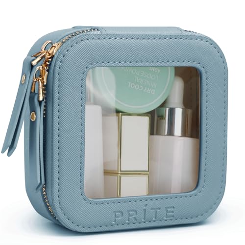 Prite Small Makeup Bag for Women Portable Clear Makeup Bag Cute Mini Waterproof Travel Cosmetic Bag with Gold Zipper for Car Essentials(Blue) - color: Blue, size: Mini - Single Layer