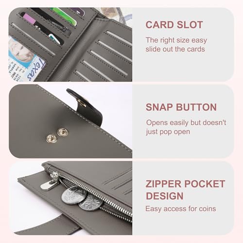 yiijay Women's Wallet RFID Blocking Leather Trifold Clutch Wallet Credit Card Holder Ladies Travel Wallet Purse with Pen Holder - color: 1Light Grey