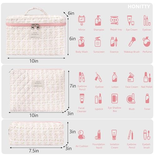 honitty Makeup Bag,Quilted Cosmetic Bags,Large Floral Make Up Organize bag,Makeup Bag Set for Women,Flower Travel Toiletry Bag - color: Pink flower