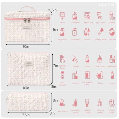 honitty Makeup Bag,Quilted Cosmetic Bags,Large Floral Make Up Organize bag,Makeup Bag Set for Women,Flower Travel Toiletry Bag - color: Pink flower