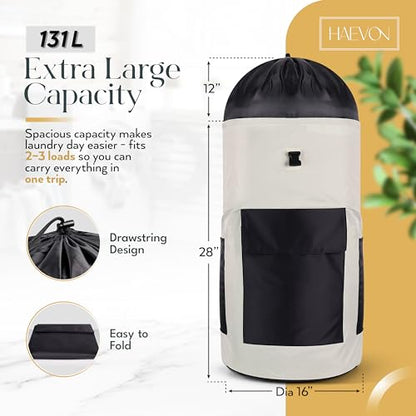 Haevon Laundry Backpack - 131L Heavy Duty Laundry Bag with Padded Shoulder & Waist Straps, Removable Liner College, Dorm, Apartment, Travel, Outdoor - Big Laundry Bag for Easy Carrying (Grey Black) - color: Gray and Black