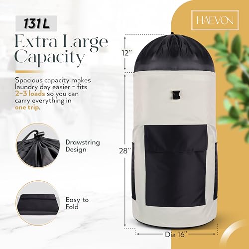 Haevon Laundry Backpack - 131L Heavy Duty Laundry Bag with Padded Shoulder & Waist Straps, Removable Liner College, Dorm, Apartment, Travel, Outdoor - Big Laundry Bag for Easy Carrying (Grey Black) - color: Gray and Black