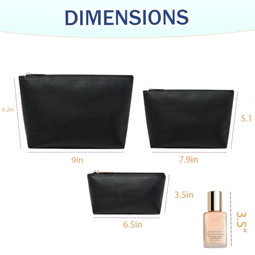3 Pcs Makeup Bag Set for Women Black Soft Leather Travel Cosmetic Bag Make Up Pouch Small Travel Zipper Pouch,Water-resistant Makeup Organizer Bag for Women（Flat black） - color: Flat black