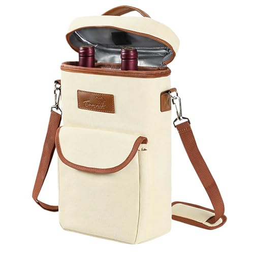 Tirrinia 2 Bottle Wine Gift Tote Carrier - Leakproof & Insulated with large pockets Wine Cooler Bag for Travel, Wine Tasting, Party, Dinner, Great Gift for Wine Lover - color: Beige, size: 2 Bottle-with front pocket