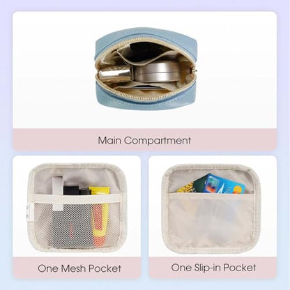 Wandering Nature Small Makeup Bag for Purse Mini Make up Pouch Cute Cosmetic Pouch for Women with Slip-in Pockets Matte Leather, Blue - color: Blue