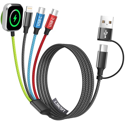 Travel Essentials Watch Charger, Dual Type-C 4 in 2 Multi Charging Cable, USB A/C Travel Charger for Multiple Devices for iWatch Ultra/SE/11-2, iPhone 17-11, Galaxy S25-21, iPad (1PACK 5FT) - color: 1Pack-Green_Black_Blue_Red, style: Green iWatch Charger