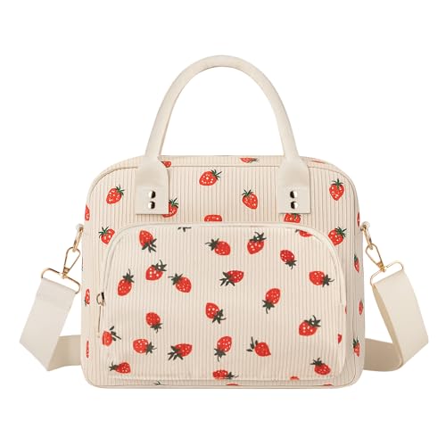 Lunch Bag Large Insulated Lunch Box for Women Adult Cute Beige Strawberry Lunchbox Corduroy Lunch Bags Boxes Pail with Shoulder Strap for Work Mom Picnic Office Travel 11.4×6.8×9.1 inches 11.5L - color: Beige Strawberry