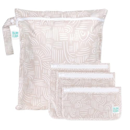 Bumkins - Waterproof Wet Bag & Clear Travel Bags - For Beach, Baby, Travel, Swim Suit, Cloth Diapers, Pump Parts, Pool, Gym, Toiletries - Reusable & Easy to Clean - Boho Beige - 4 Pack - color: Boho Beige 4pc