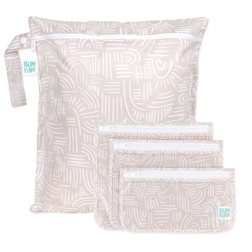 Bumkins - Waterproof Wet Bag & Clear Travel Bags - For Beach, Baby, Travel, Swim Suit, Cloth Diapers, Pump Parts, Pool, Gym, Toiletries - Reusable & Easy to Clean - Boho Beige - 4 Pack - color: Boho Beige 4pc
