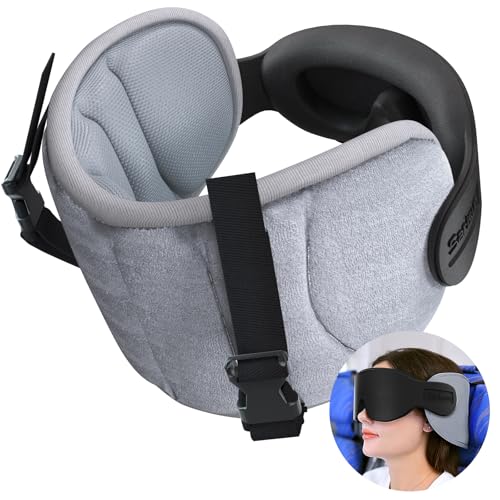SARISUN Travel Pillow for Airplanes, Airplane Pillow for Long Flight, Neck Pillow with Eye Mask for Sleeping, Portable Travel Pillow for Car Road Trip Headrest, Stop Bobblehead, Grey - color: Light Grey