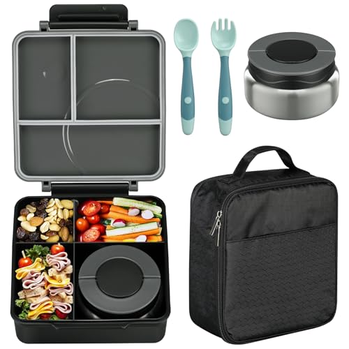 Bento Lunch Box Set for Kids with 8oz Soup Thermo, Leak-Proof Lunch Containers with 4 Compartment, Kids Thermo Hot Food Jar and Insulated Lunch Bag for Kid to School-Black - color: Black