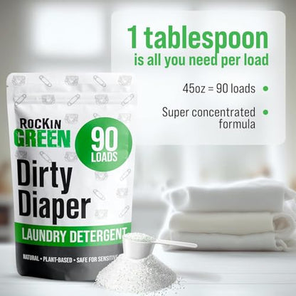 Rockin' Green Laundry Detergent, Plant based, All Natural Laundry Detergent Powder, Vegan and Biodegradable Odor Fighter, Safe for Sensitive Skin (Baby Cloth Diaper 90 Loads Unscented) - size: 90 Loads