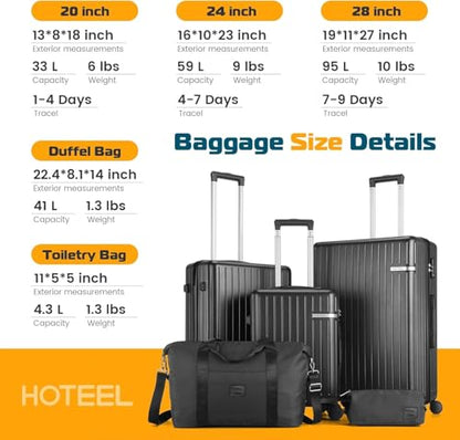 Hoteel Luggage Sets 5 Piece, 4-Year Warranty, Durable Suitcase Set with Spinner Wheels, 100% PC Hard Shell Lightweight Luggage with TSA Lock, Large Checked Travel Suitcases, Black(20/24/28/DB/TB) - color: Black, size: 20/24/28/TB/（DB/BP）