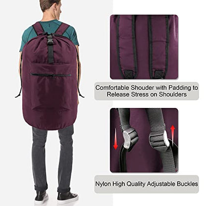 BeeGreen Laundry-Bag-Backpack-Heavy-Duty, Burgundy Nylon Drawstring Portable Laundry Backpack Foldable Extra Large Dirty Clothes Travel Bag College Dorm Apartment Essentials - color: Maroon, style: With Front Zipper Pocket