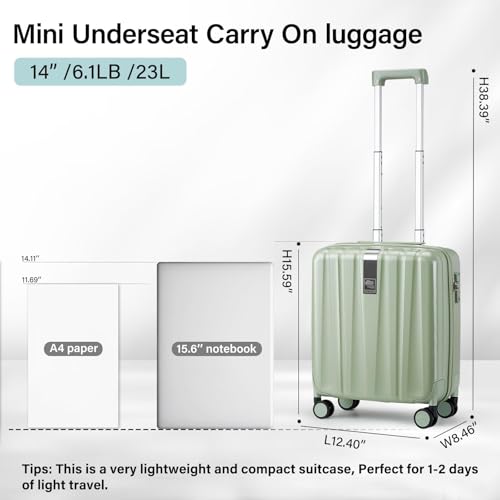 Hanke 14 Inch Underseat Carry On Luggage with Wheels Hard Shell Suitcases Carry On Bag Lightweight Small Mini Suitcase Travel Luggage for Travel（Bamboo Green） - color: Bamboo Green, size: Underseat 14 Inch