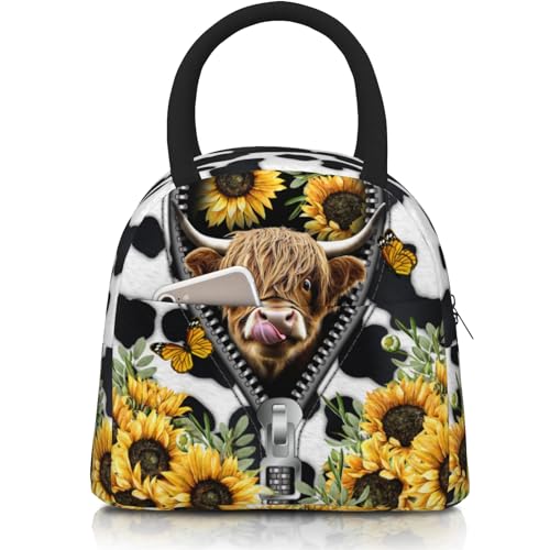 Cow Print Lunch Box Western Highland Cow Lunch Bag for Women Insulated Cows Print Lunchbox Cooler Reusable Large Containers Tote Bag For Women Men Work Office Travel Picnic - color: Cow Print