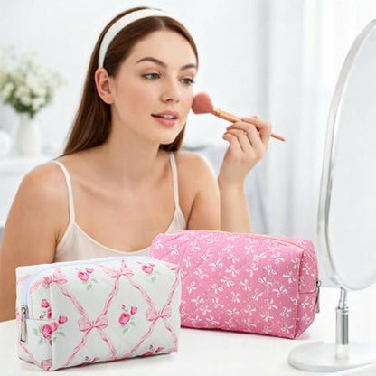 Paterr 20 Pcs Cotton Quilted Makeup Bag Bulk Coquette Cosmetics Bag Flower Aesthetic Essential Pouch Emergency Travel Toiletry Cotton Pouch Gifts for Women(Pink Bow) - style: Pink Bow