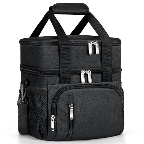 Insulated Lunch Bag for Men & Women, Double Leakproof Lunch Box Soft Cooler Tote with 5 Pockets, 600D Oxford, EVA Lining, Adjustable Strap for Work, Picnic, Beach&Travel-Black - color: Black, size: Double