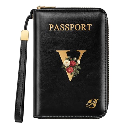 Passport Holder for Travel Wallet Women Zipper Wallets Personalized Passport Holder Cover Initial Letter Rose Flower Passport Book Holders RFID Blocking Credit Card Holder, V - color: Black, size: V