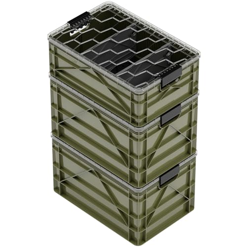 SIDIO Crate Pro Pack - 2 Full-Size & 1 Half-Size Heavy Duty Stackable Storage Bins, Totes and Containers with Lids and Dividers - Durable Plastic Organizer for Home, Office, Garage, and Outdoor Use - color: Green