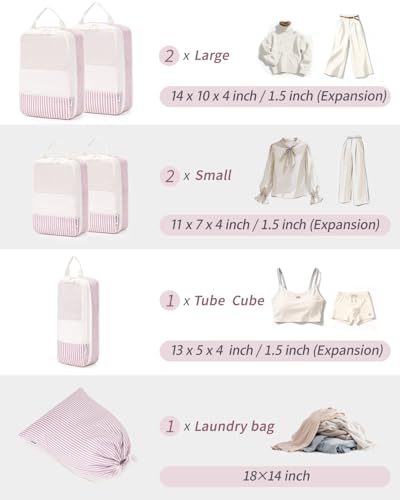 Narwey 6 Set Compression Packing Cubes for Travel Women Men, Travel Cubes for Carry On Suitcase, Durable Compression Luggage Organizer Bags - color: ZY-Dusty Pink Stripe