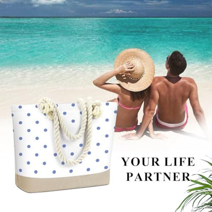 Fokongna Tote Bag For Women, Beach Bag Best Friend Travel Birthday Gifts, Travel Parties Vacation Shopping Essentials - color: Blue Polka Dots