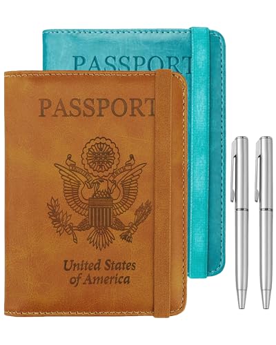 WALNEW Passport Holder for Travel, RFID Passport Cover Wallet for Women Men, PU Leather Passport Book Card Holder Case with Pen (Elastic Band Closure, AA-Brown+Blue) - color: AA-Brown+Blue, style: Elastic Band Closure