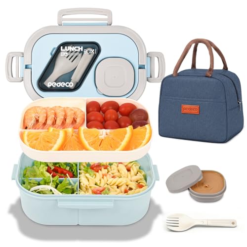 PEDECO Lunch Containers Bento Box Set for Adults & Kids with Insulated Bag, Leakproof 3-Compartment and 2-Tier Stackable Container with Portable Sauce Pod, Microwave/Dishwasher Safe, BPA-Free (Blue) - color: Blue