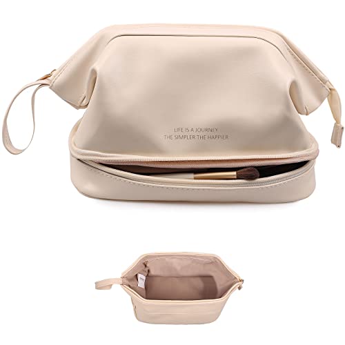 Abiudeng Large Capacity Makeup Bag Ladies Cosmetic Bag Travel Bag with Compartments Portable PU Leather Travel Makeup Bag with Handle - color: White