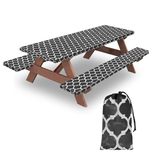 7ft Picnic Table and Bench Cover, Camping Essentials RV Gear, 84 in Waterproof Windproof Outdoor Elastic All Around Tablecloth, Fitted Rectangle Tables and Seats, Black-White Moroccan - color: Black-white Moroccan, size: 84"