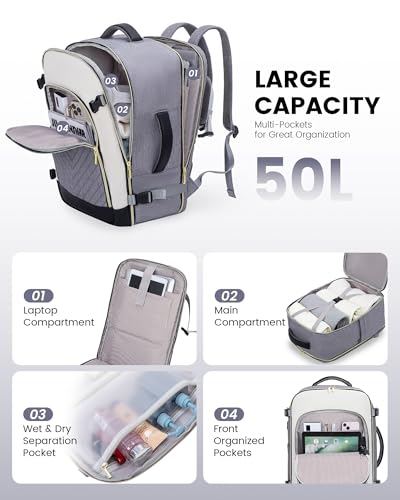 LOVEVOOK Large Travel Backpack for Women, 50L Carry on Backpack Airplane Approved, TSA Personal Item Travel Bag for Women fits 18" Laptop, Waterproof Carry on Bags for airplanes with 3 Packing Cubes - color: Grey - Beige - Black, size: 50L-4Pcs