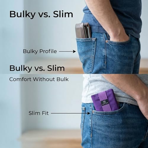 LIGHT FOLD Ultra Slim Tri-Fold Wallet with RFID Blocking, Lightweight Minimalist Men’s Wallet with Elastic Band, Waterproof Durable Nylon Fabric, Slim Front Pocket Card Holder Fits 12 Cards & Cash - color: 02 Purple