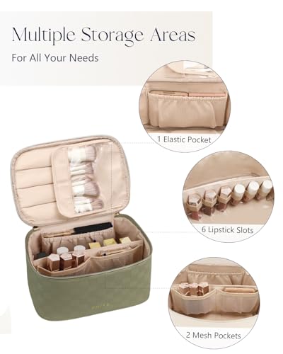 Prite Makeup Bag, Large Capacity Cosmetic Bag for Women and Girls, Waterproof PU Leather Travel Case with Handle, Divider for Skincare and Brushes - Checkered Green - color: Checkered Green