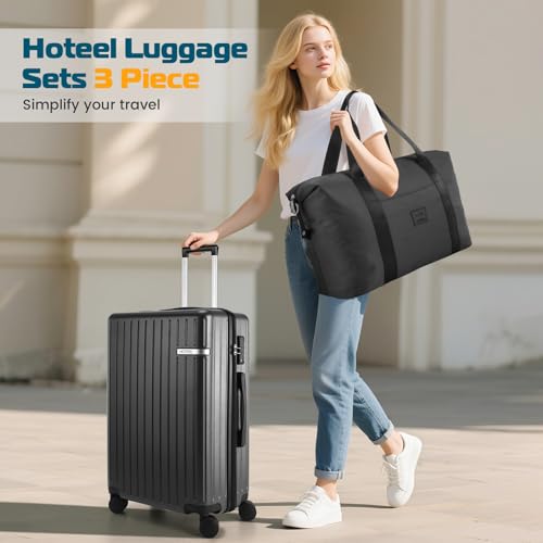 Hoteel Luggage Sets 3 Piece, 4-Yr Warranty, PC+ABS Suitcases with Wheels and Side Hook, Hardshell 20 inch Luggage with Duffel Bag Travel Bag, Black(20/DB/TB) - color: Black, size: 3 Piece Set (20/DB/TB)